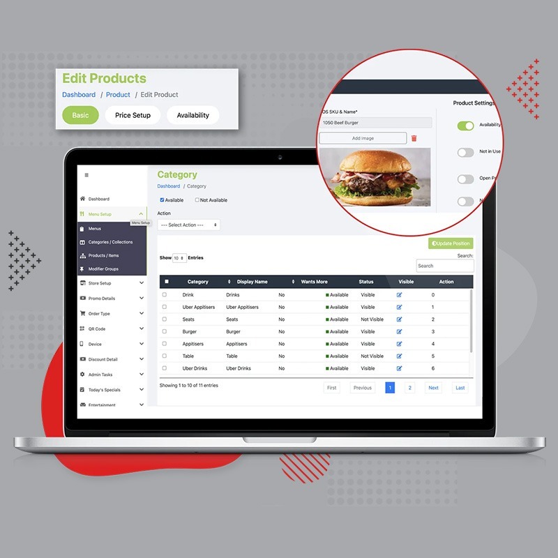 Restaurant technology app, Orderapp displays the category dashboard with menu items and checkboxes on a laptop screen from TechRyde present on website.