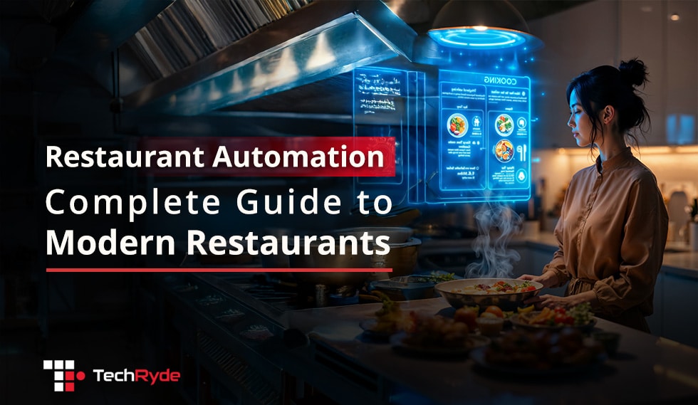 Restaurant automation technology in a modern kitchen with digital menu and AI integration