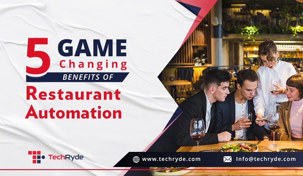 Banner showing 5 game-changing benefits of restaurant automation with diners enjoying meals at a restaurant