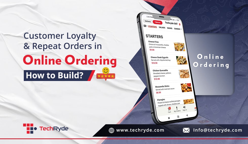 "Mobile phone screen showing online food ordering app with menu items, promoting customer loyalty and repeat orders."