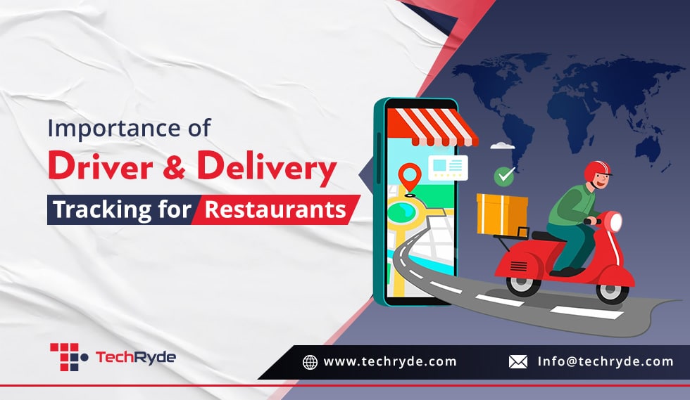 Illustration of a delivery driver on a scooter with a map on a smartphone screen showing the route, emphasizing driver and delivery tracking for restaurants.