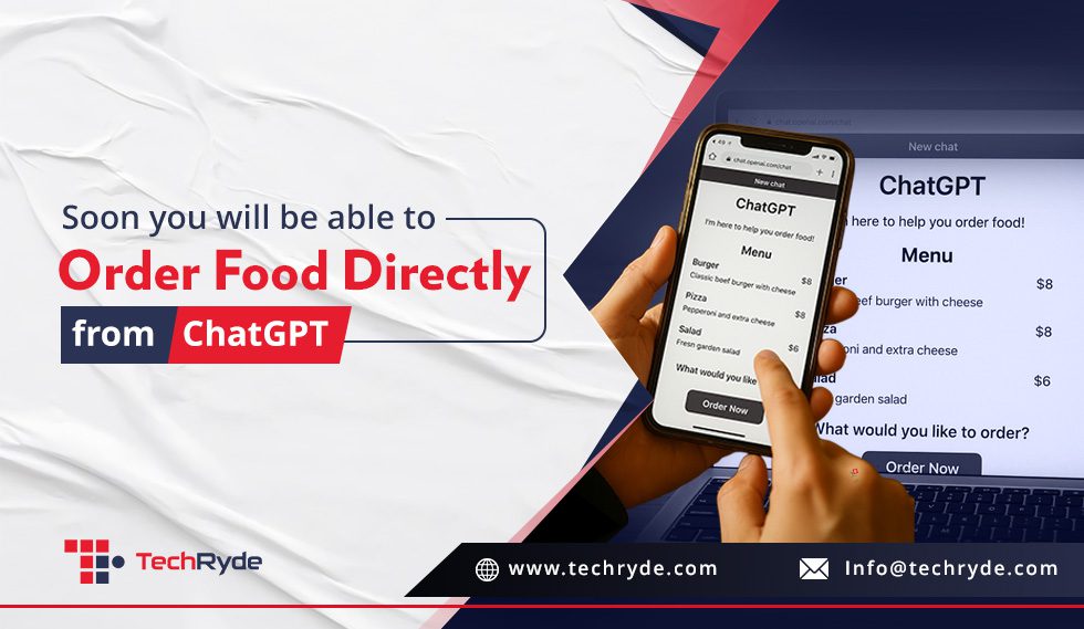 Hand ordering food from ChatGPT interface on smartphone and laptop, TechRyde branding visible